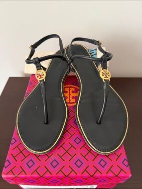 Tory Burch Emmy Flat Black Sandals with Gold Logo Medallions